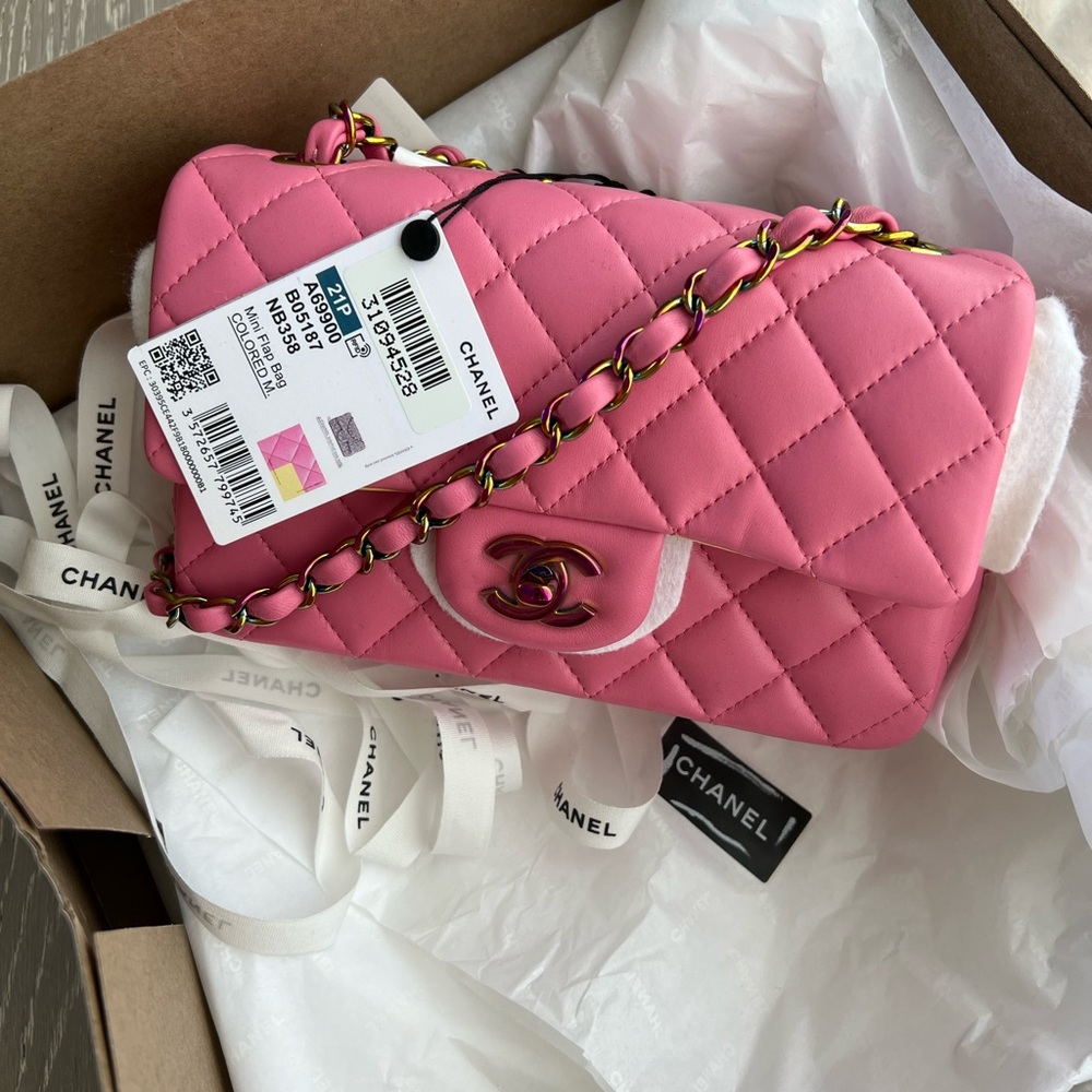 NWT Chanel Lambskin Quilted Mini Rectangle Flap bag Pink + Yellow 2021